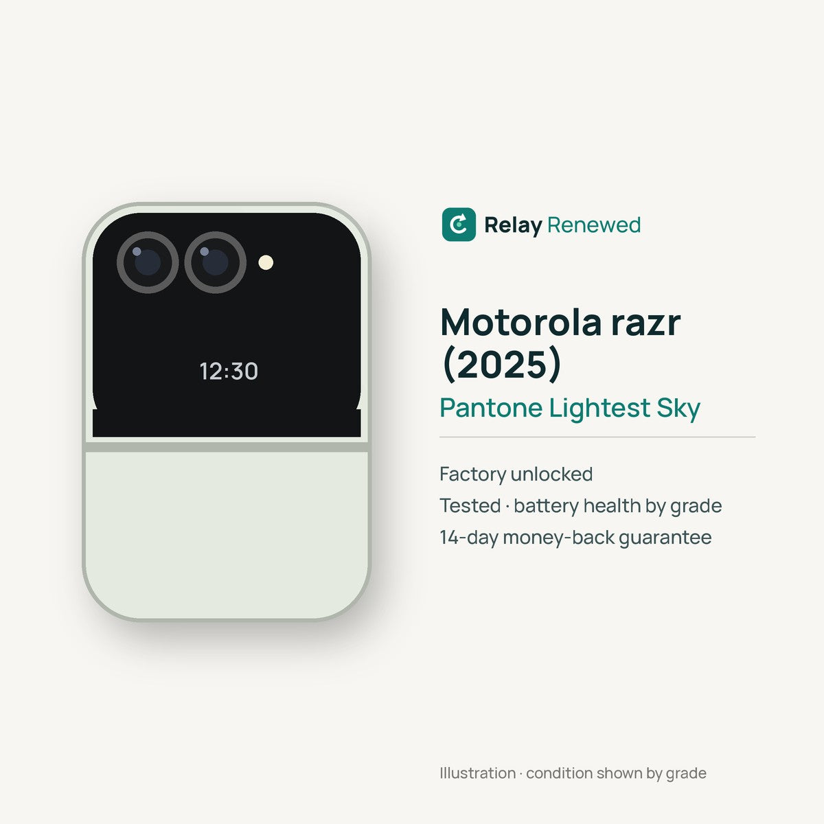 Motorola razr (2025) in Pantone Lightest Sky — illustration. Your device's condition matches its grade.