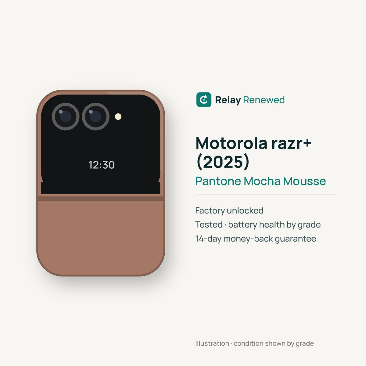 Motorola razr+ (2025) in Pantone Mocha Mousse — illustration. Your device's condition matches its grade.