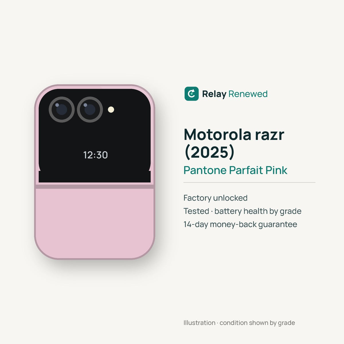 Motorola razr (2025) in Pantone Parfait Pink — illustration. Your device's condition matches its grade.