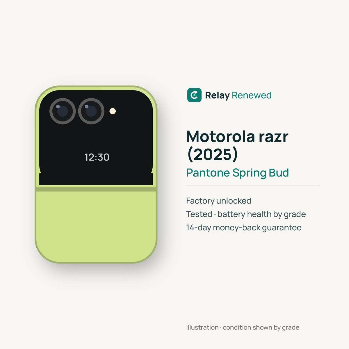Motorola razr (2025) in Pantone Spring Bud — illustration. Your device's condition matches its grade.