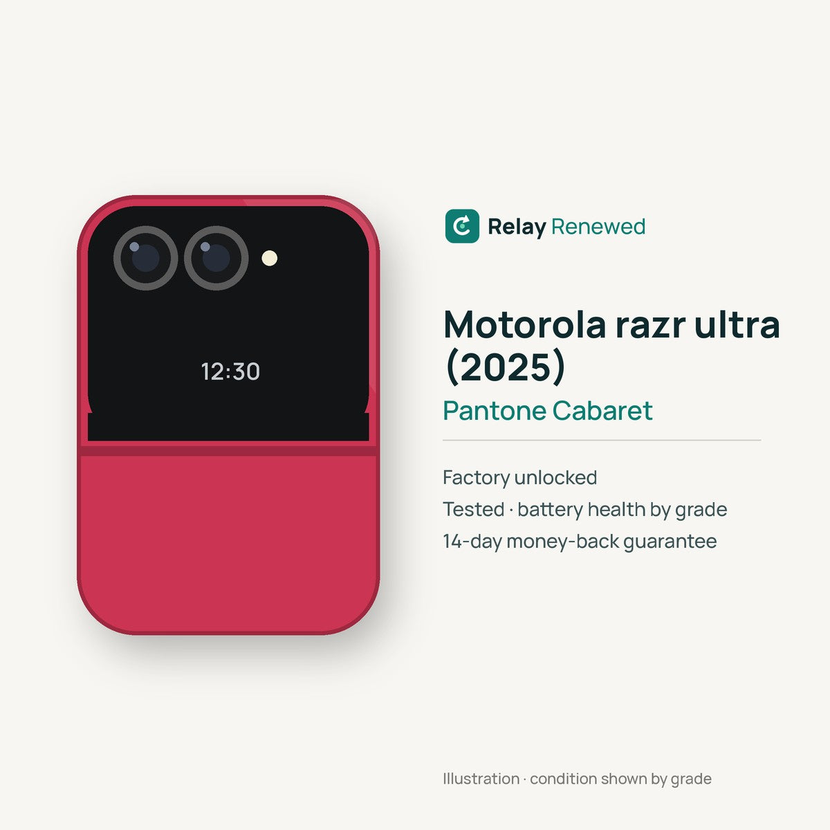 Motorola razr ultra (2025) in Pantone Cabaret — illustration. Your device's condition matches its grade.