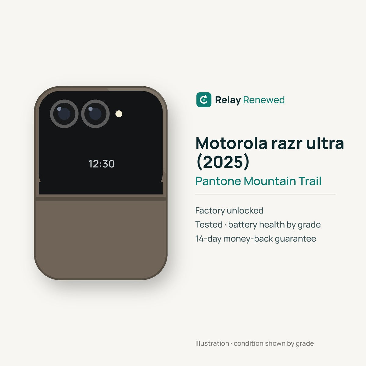 Motorola razr ultra (2025) in Pantone Mountain Trail — illustration. Your device's condition matches its grade.