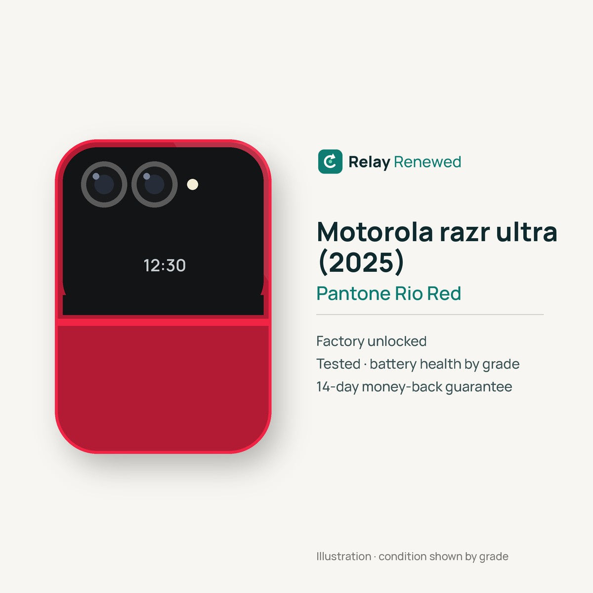 Motorola razr ultra (2025) in Pantone Rio Red — illustration. Your device's condition matches its grade.