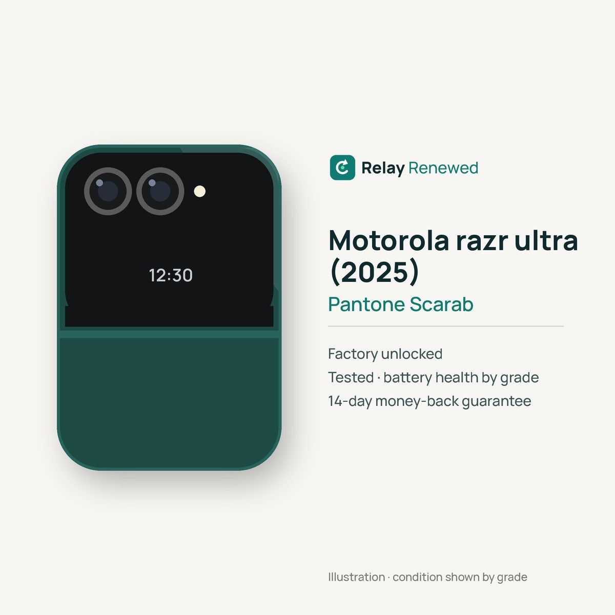 Motorola razr ultra (2025) in Pantone Scarab — illustration. Your device's condition matches its grade.